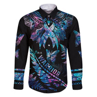 Polynesia Ribbon Butterflies Family Matching Puletasi Dress and Hawaiian Shirt Silver Fern Breast Cancer With Papua Shell Pattern LT9 Dad's Shirt - Long Sleeve Black - Polynesian Pride