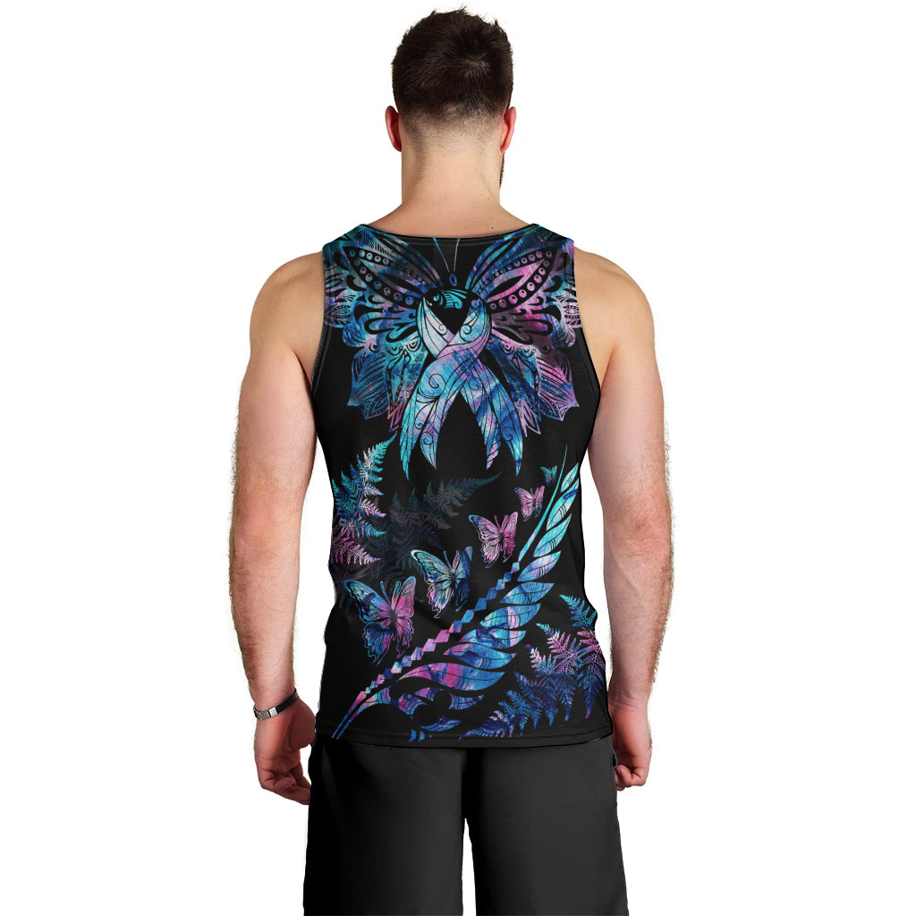 Polynesia Ribbon Butterflies Men Tank Top Silver Fern Breast Cancer With Papua Shell Pattern LT9 - Polynesian Pride