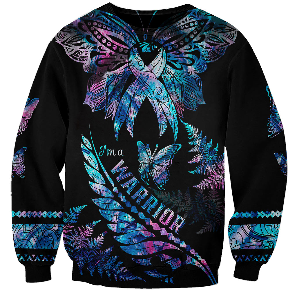 Polynesia Ribbon Butterflies Sweatshirt Silver Fern Breast Cancer With Papua Shell Pattern LT9 Unisex Black - Polynesian Pride