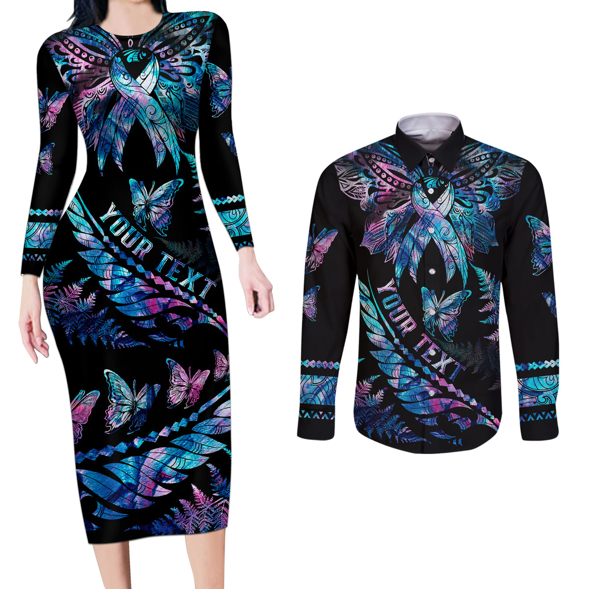 Personalised Polynesia Ribbon Butterflies Couples Matching Long Sleeve Bodycon Dress and Long Sleeve Button Shirts Silver Fern Breast Cancer With Papua Shell Pattern LT9 Black - Polynesian Pride