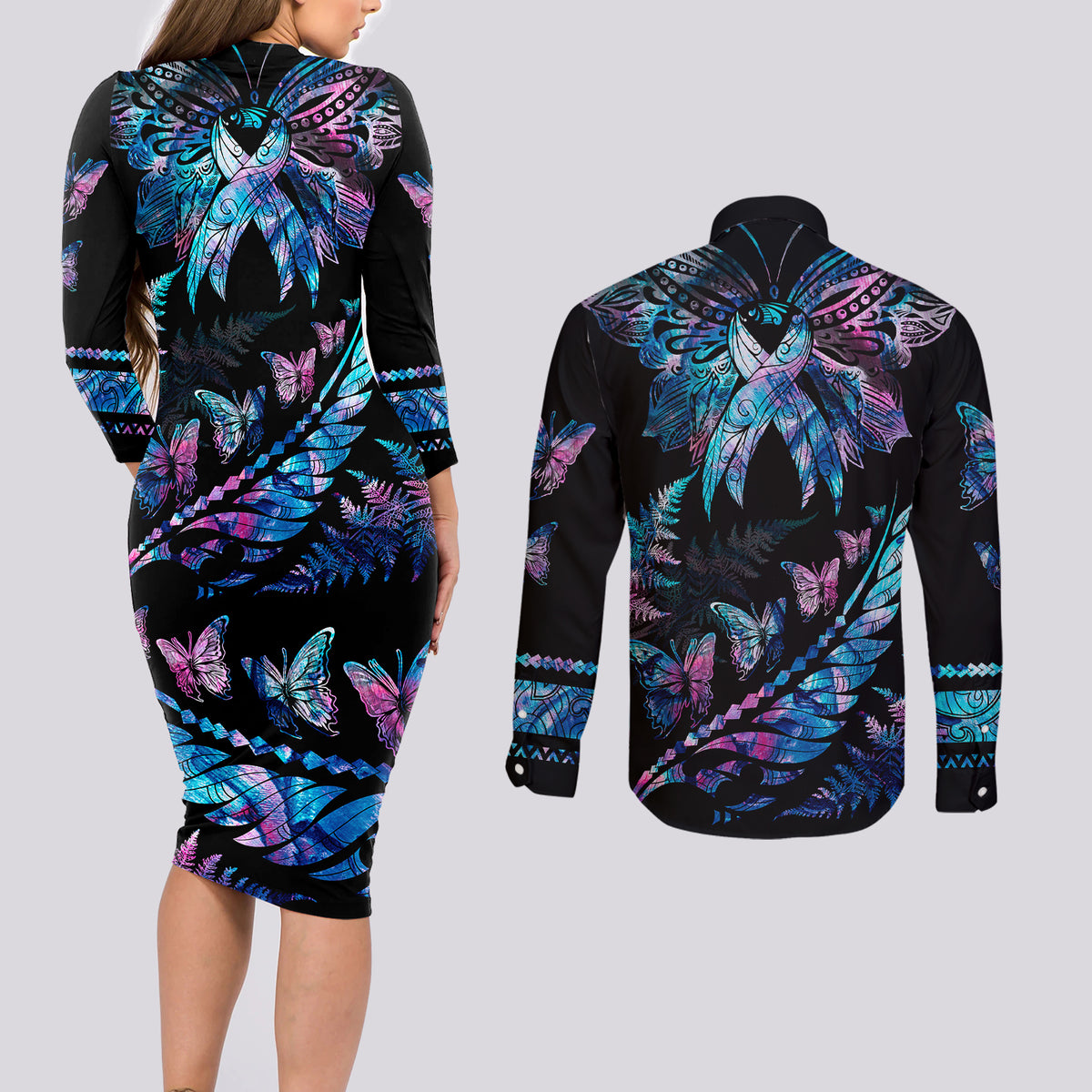 Personalised Polynesia Ribbon Butterflies Couples Matching Long Sleeve Bodycon Dress and Long Sleeve Button Shirts Silver Fern Breast Cancer With Papua Shell Pattern LT9 - Polynesian Pride