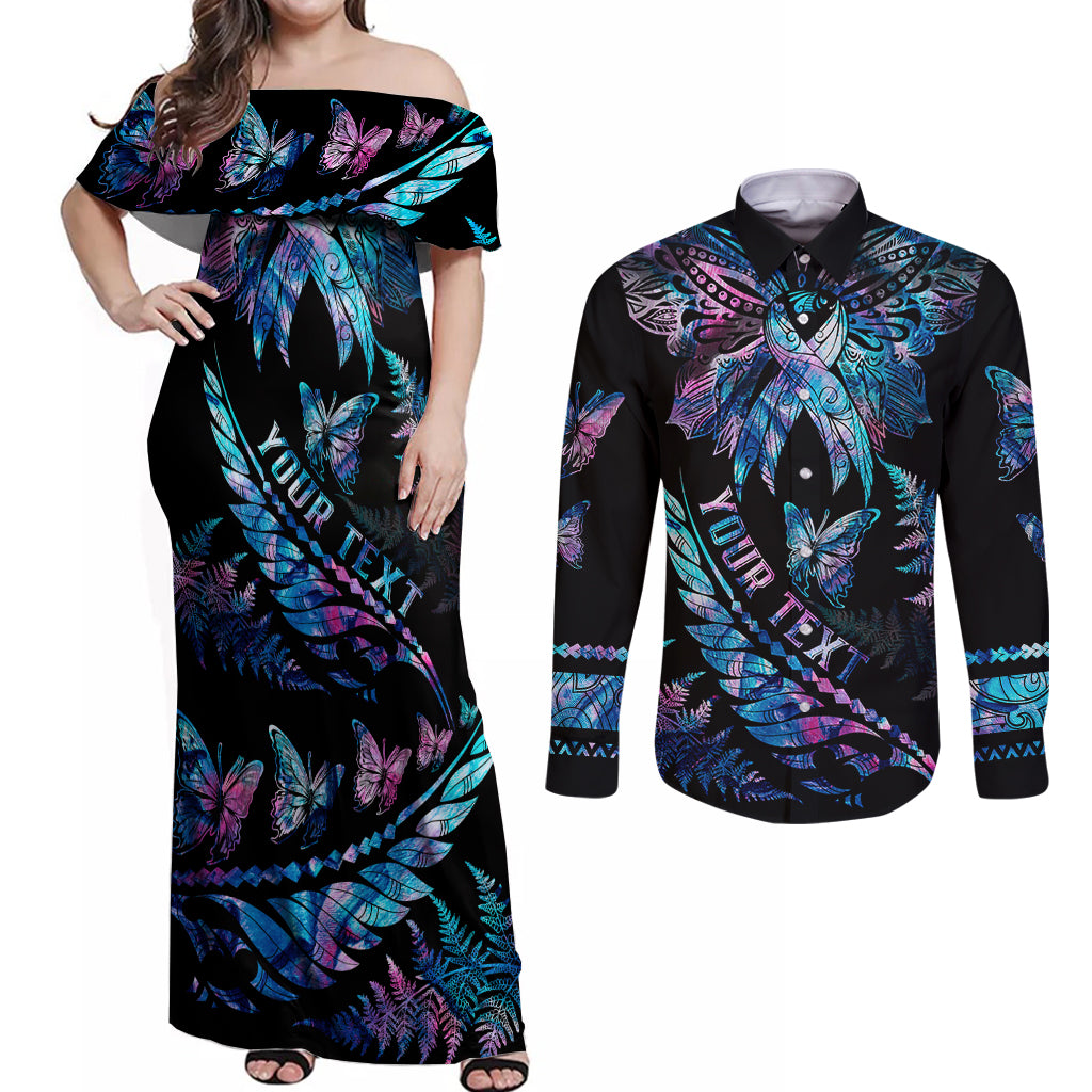 Personalised Polynesia Ribbon Butterflies Couples Matching Off Shoulder Maxi Dress and Long Sleeve Button Shirts Silver Fern Breast Cancer With Papua Shell Pattern LT9 Black - Polynesian Pride