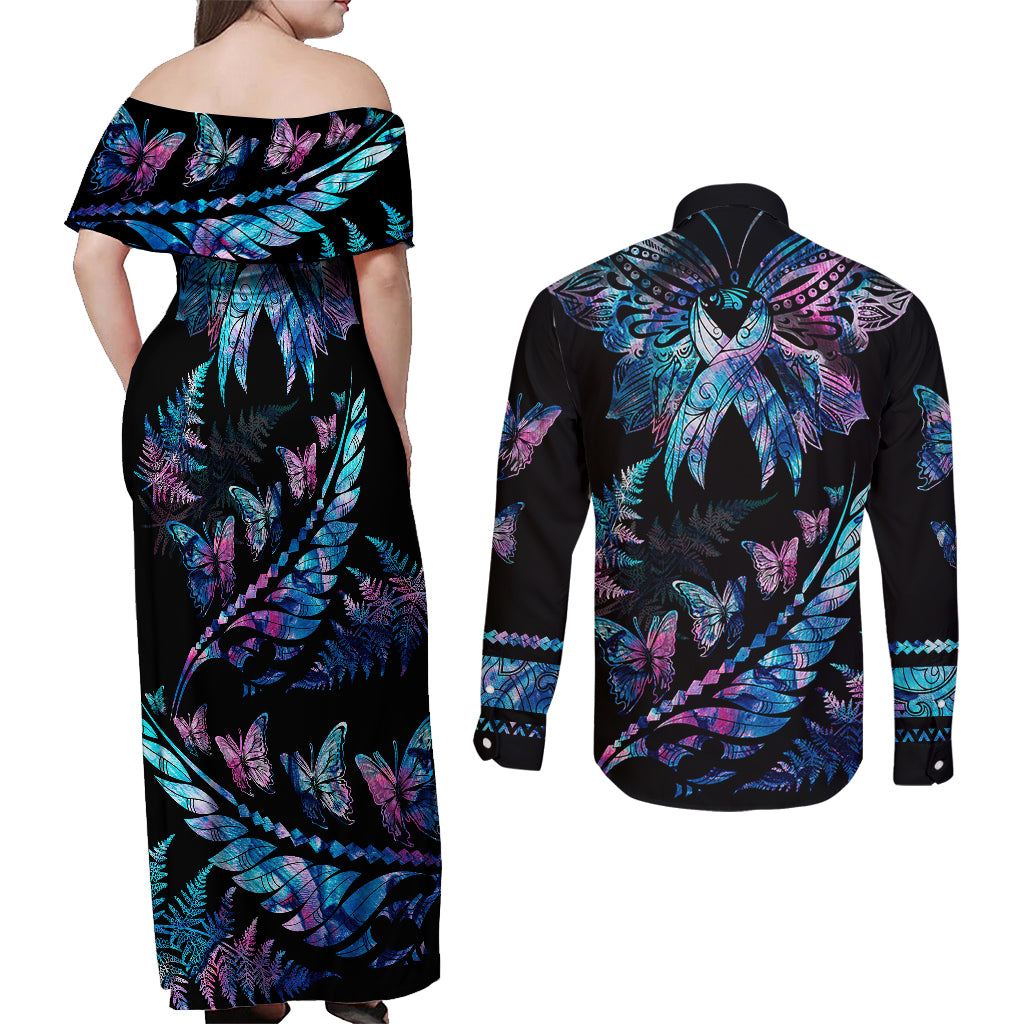 Personalised Polynesia Ribbon Butterflies Couples Matching Off Shoulder Maxi Dress and Long Sleeve Button Shirts Silver Fern Breast Cancer With Papua Shell Pattern LT9 - Polynesian Pride