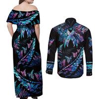 Personalised Polynesia Ribbon Butterflies Couples Matching Off Shoulder Maxi Dress and Long Sleeve Button Shirts Silver Fern Breast Cancer With Papua Shell Pattern LT9 - Polynesian Pride