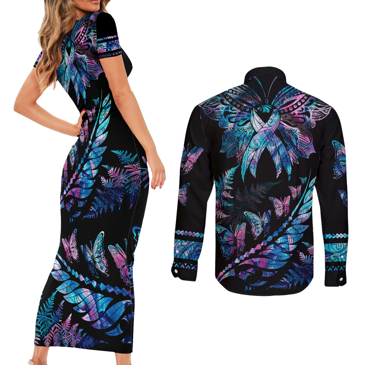 Personalised Polynesia Ribbon Butterflies Couples Matching Short Sleeve Bodycon Dress and Long Sleeve Button Shirts Silver Fern Breast Cancer With Papua Shell Pattern LT9 - Polynesian Pride