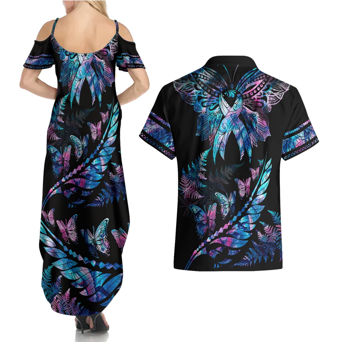 Personalised Polynesia Ribbon Butterflies Couples Matching Summer Maxi Dress and Hawaiian Shirt Silver Fern Breast Cancer With Papua Shell Pattern LT9 - Polynesian Pride