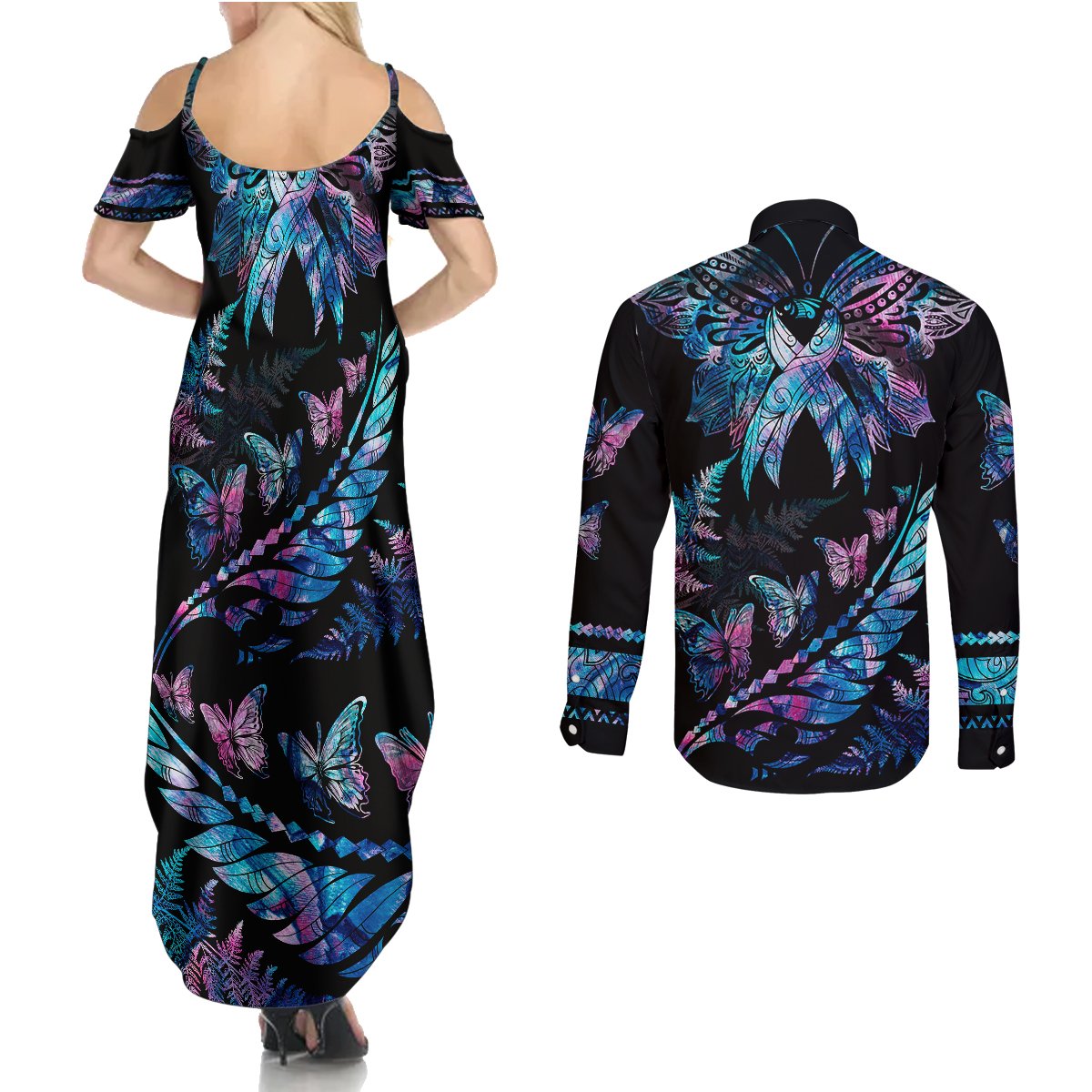 Personalised Polynesia Ribbon Butterflies Couples Matching Summer Maxi Dress and Long Sleeve Button Shirts Silver Fern Breast Cancer With Papua Shell Pattern LT9 - Polynesian Pride