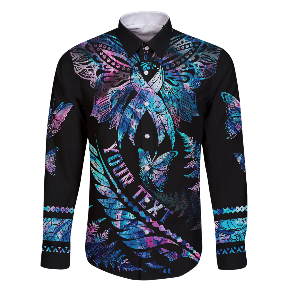 personalised-polynesia-ribbon-butterflies-family-matching-off-shoulder-long-sleeve-dress-and-hawaiian-shirt-silver-fern-breast-cancer-with-papua-shell-pattern