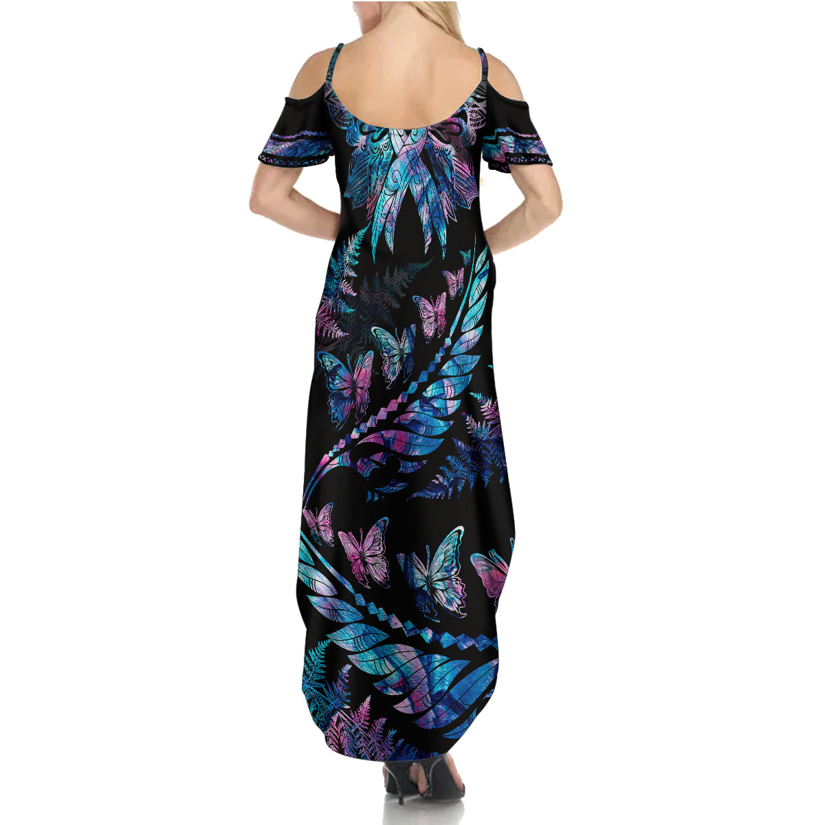 personalised-polynesia-ribbon-butterflies-summer-maxi-dress-silver-fern-breast-cancer-with-papua-shell-pattern