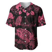 Personalised Polynesian Turtle Ribbon Baseball Jersey Think Pink Breast Cancer With Pacific Hibiscus LT9 Pink - Polynesian Pride