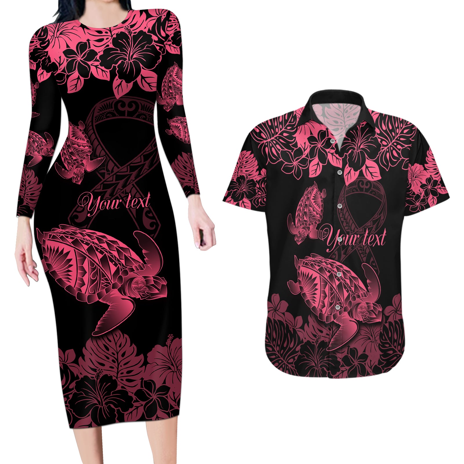 personalised-polynesian-turtle-ribbon-couples-matching-long-sleeve-bodycon-dress-and-hawaiian-shirt-think-pink-breast-cancer-with-pacific-hibiscus