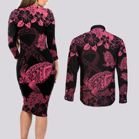 Personalised Polynesian Turtle Ribbon Couples Matching Long Sleeve Bodycon Dress and Long Sleeve Button Shirts Think Pink Breast Cancer With Pacific Hibiscus LT9 - Polynesian Pride