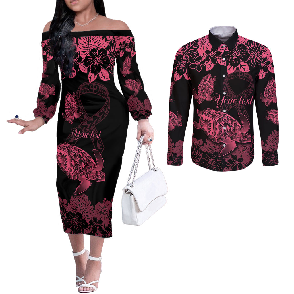 Personalised Polynesian Turtle Ribbon Couples Matching Off The Shoulder Long Sleeve Dress and Long Sleeve Button Shirts Think Pink Breast Cancer With Pacific Hibiscus LT9 Pink - Polynesian Pride