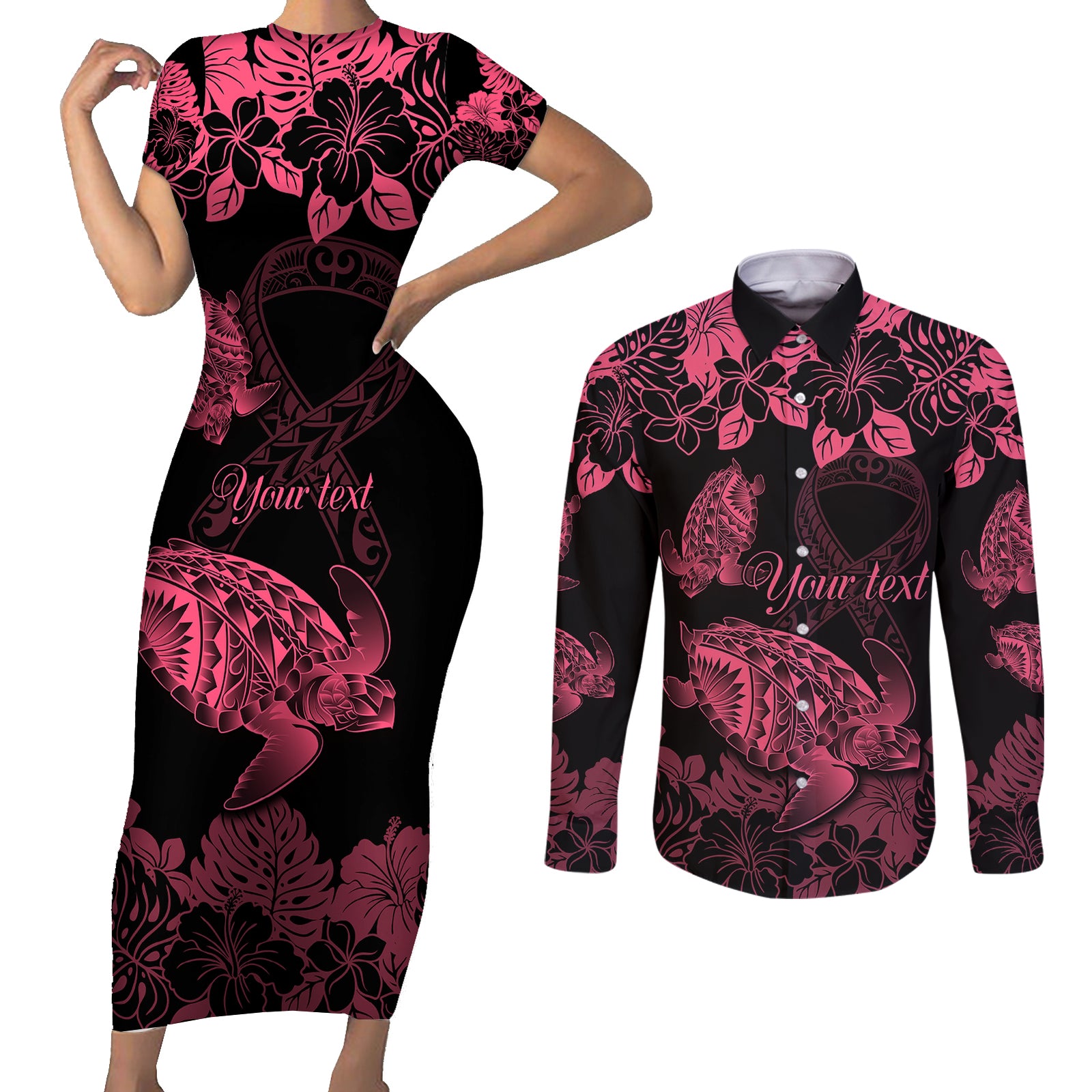 Personalised Polynesian Turtle Ribbon Couples Matching Short Sleeve Bodycon Dress and Long Sleeve Button Shirts Think Pink Breast Cancer With Pacific Hibiscus LT9 Pink - Polynesian Pride