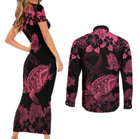 Personalised Polynesian Turtle Ribbon Couples Matching Short Sleeve Bodycon Dress and Long Sleeve Button Shirts Think Pink Breast Cancer With Pacific Hibiscus LT9 - Polynesian Pride