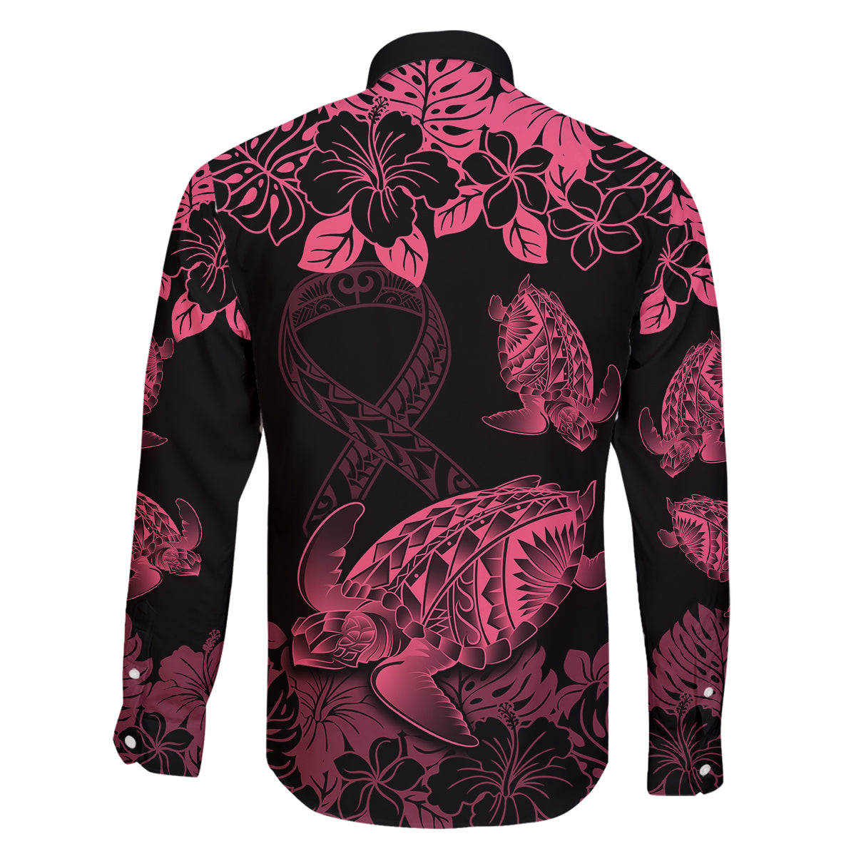 personalised-polynesian-turtle-ribbon-family-matching-off-shoulder-maxi-dress-and-hawaiian-shirt-think-pink-breast-cancer-with-pacific-hibiscus