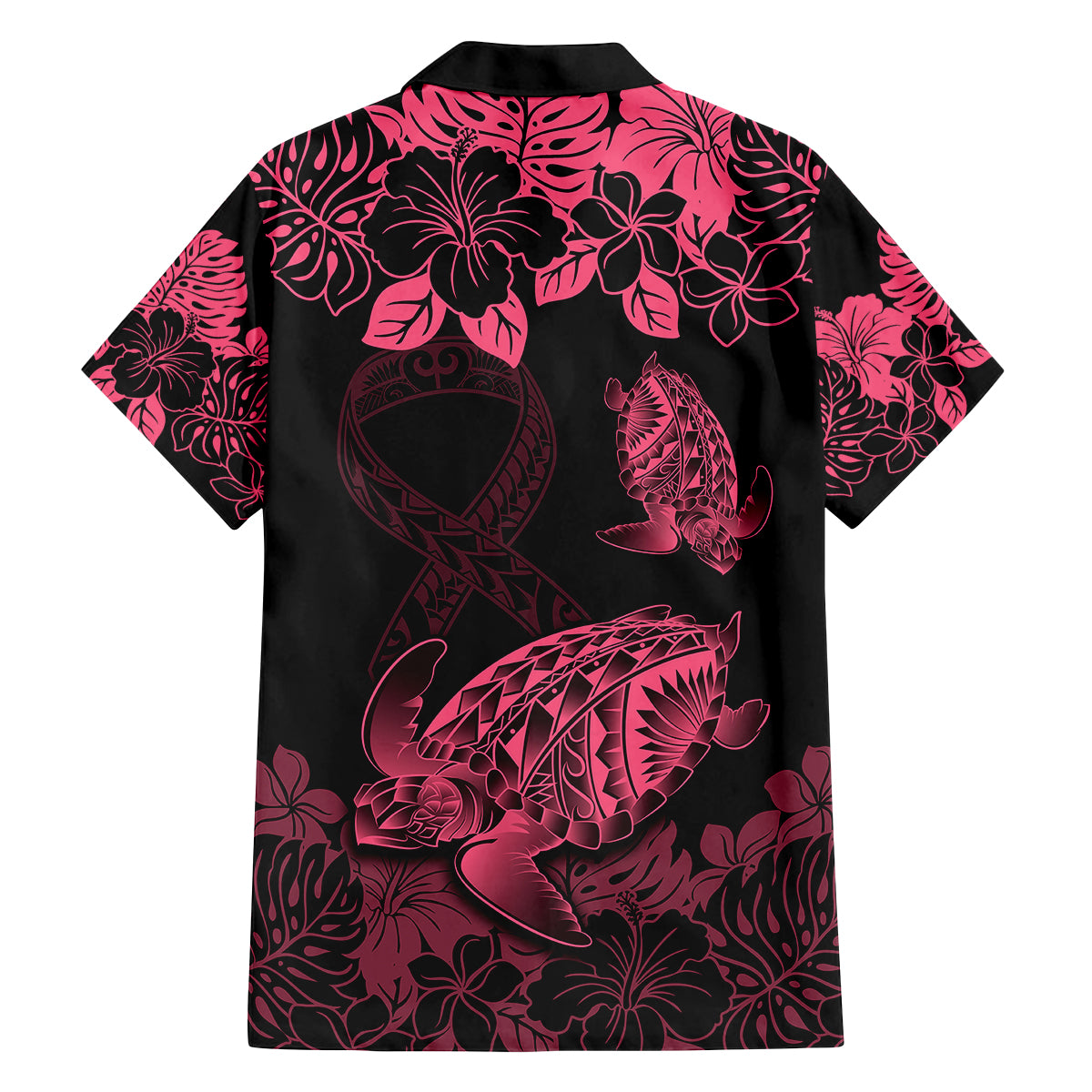 personalised-polynesian-turtle-ribbon-family-matching-off-shoulder-short-dress-and-hawaiian-shirt-think-pink-breast-cancer-with-pacific-hibiscus