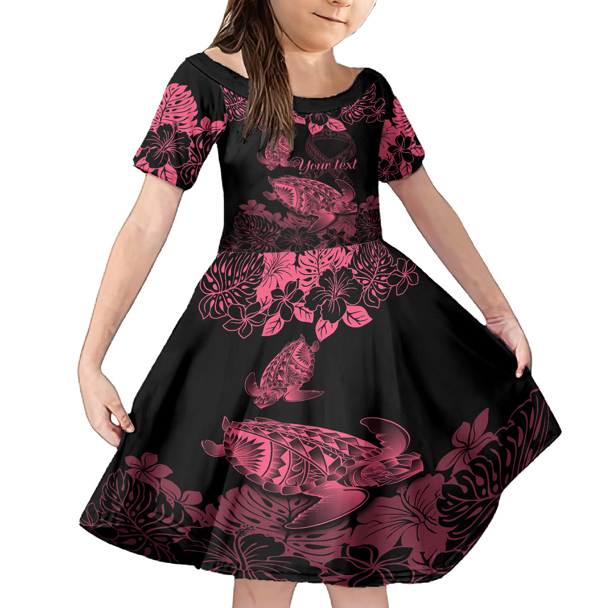 Personalised Polynesian Turtle Ribbon Family Matching Summer Maxi Dress and Hawaiian Shirt Think Pink Breast Cancer With Pacific Hibiscus LT9 Daughter's Dress Pink - Polynesian Pride