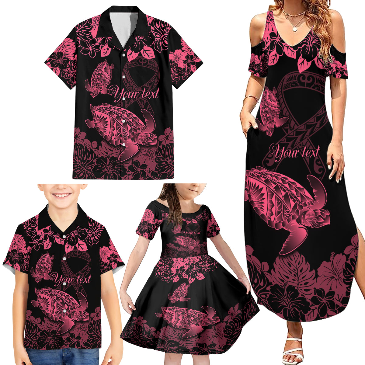 Personalised Polynesian Turtle Ribbon Family Matching Summer Maxi Dress and Hawaiian Shirt Think Pink Breast Cancer With Pacific Hibiscus LT9 - Polynesian Pride
