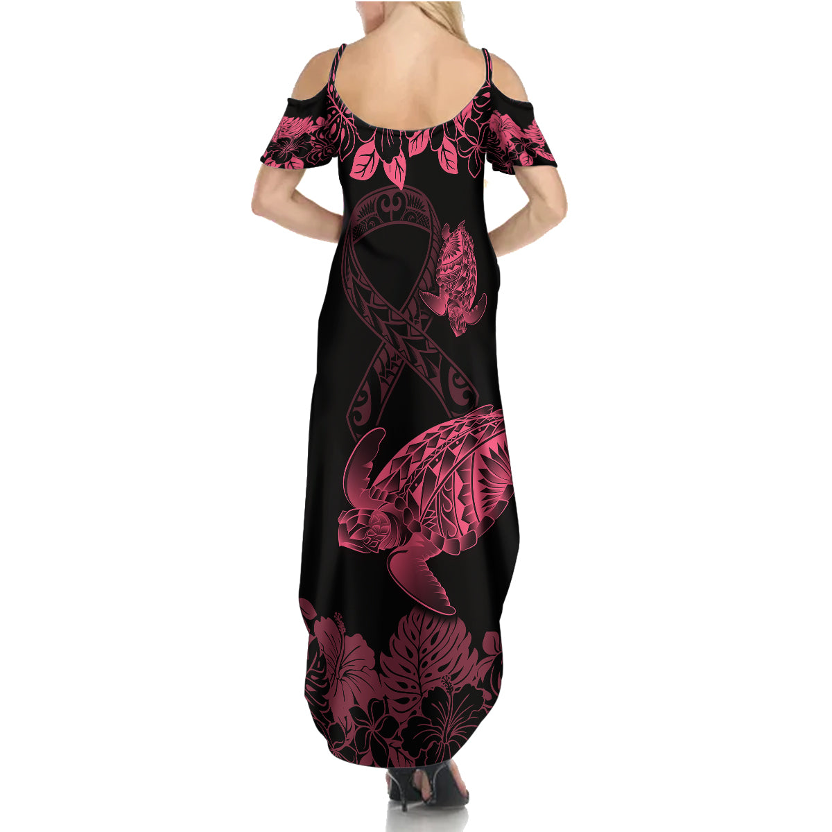 Personalised Polynesian Turtle Ribbon Family Matching Summer Maxi Dress and Hawaiian Shirt Think Pink Breast Cancer With Pacific Hibiscus LT9 - Polynesian Pride