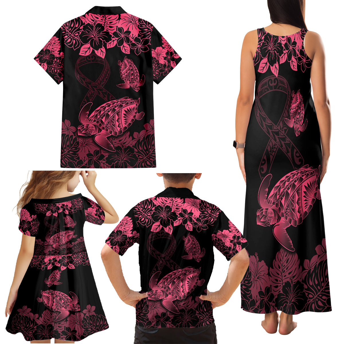 Personalised Polynesian Turtle Ribbon Family Matching Tank Maxi Dress and Hawaiian Shirt Think Pink Breast Cancer With Pacific Hibiscus LT9 - Polynesian Pride