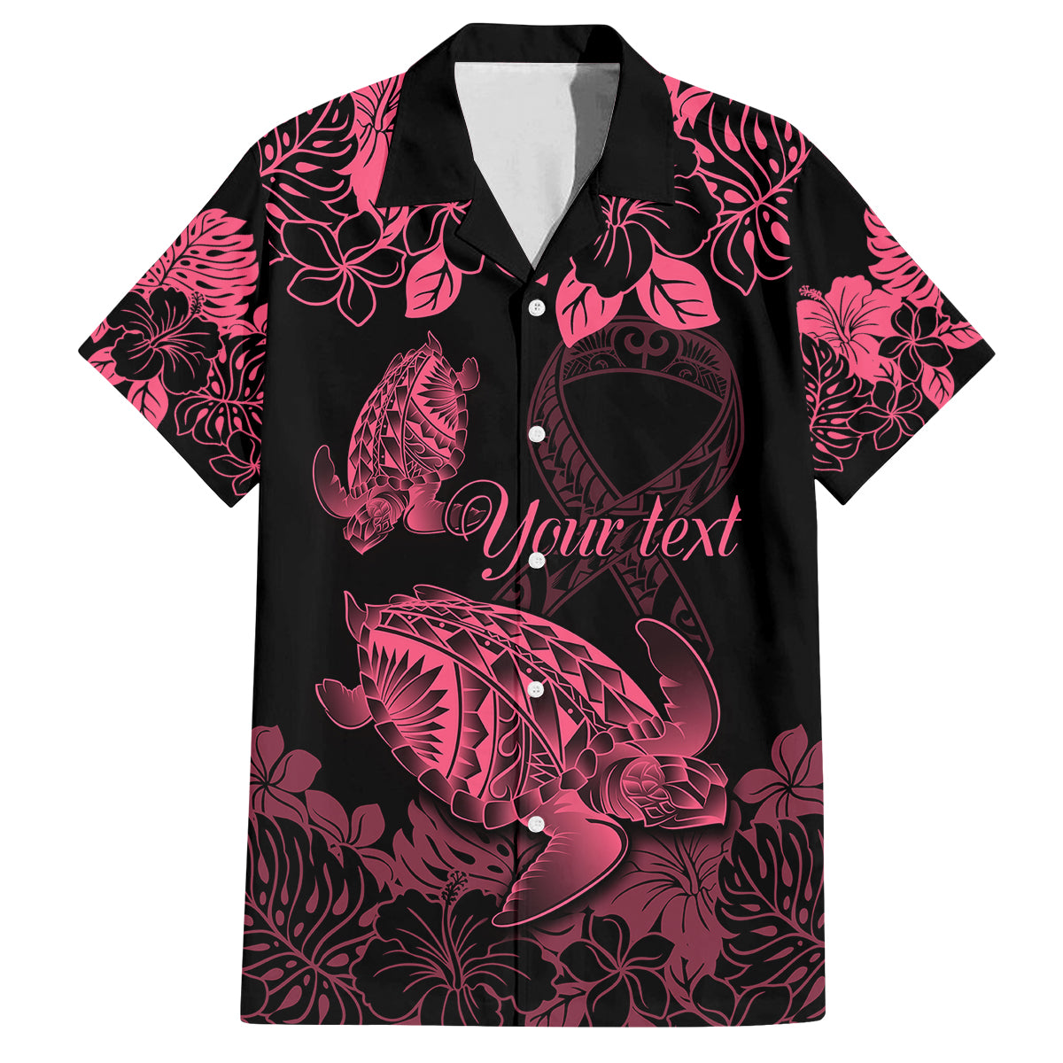 Personalised Polynesian Turtle Ribbon Family Matching Tank Maxi Dress and Hawaiian Shirt Think Pink Breast Cancer With Pacific Hibiscus LT9 Dad's Shirt - Short Sleeve Pink - Polynesian Pride