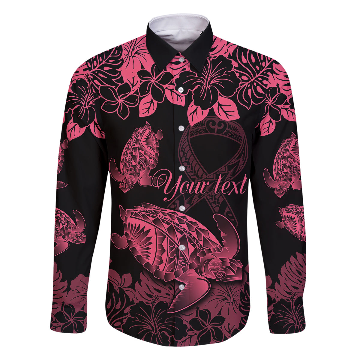 Personalised Polynesian Turtle Ribbon Family Matching Tank Maxi Dress and Hawaiian Shirt Think Pink Breast Cancer With Pacific Hibiscus LT9 Dad's Shirt - Long Sleeve Pink - Polynesian Pride