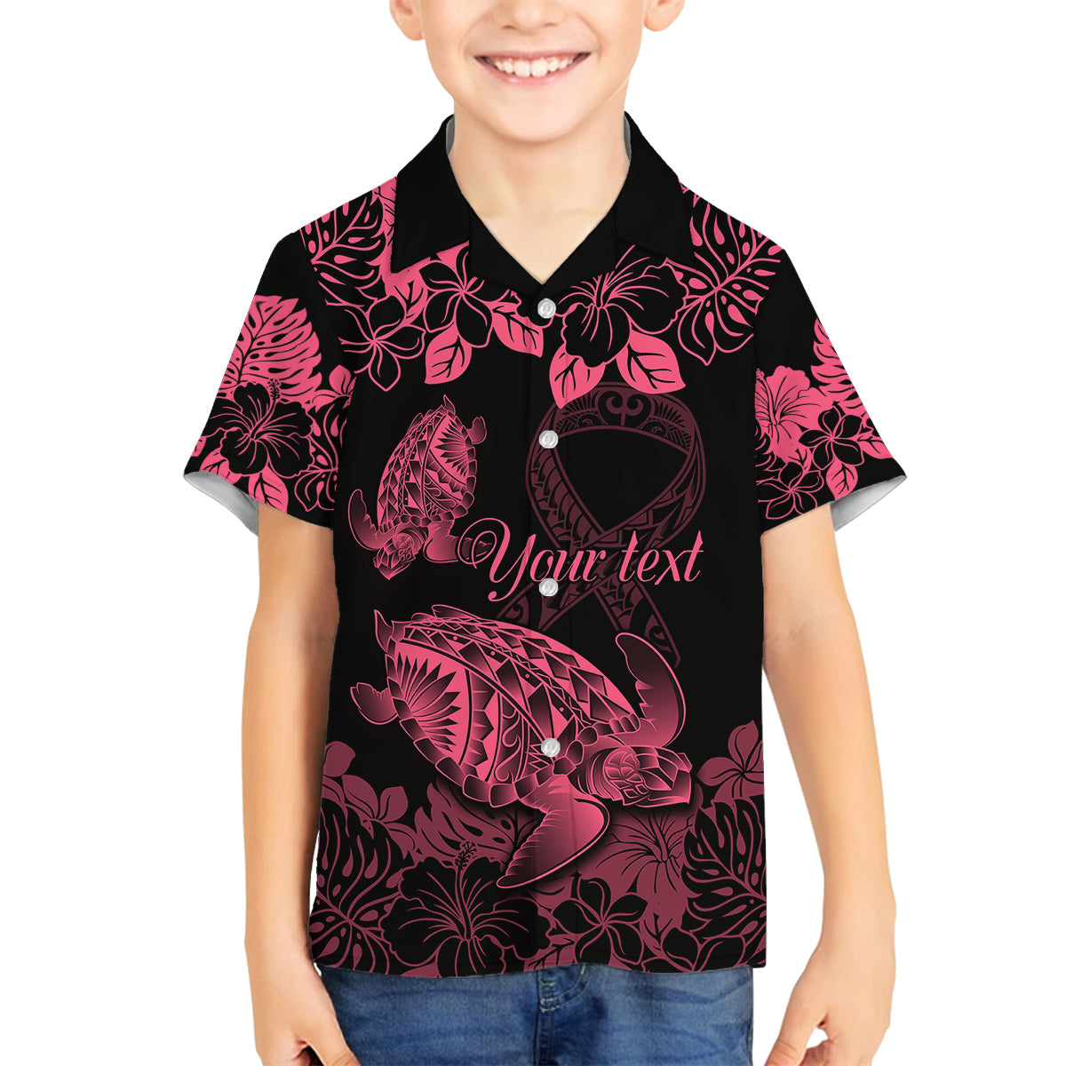 Personalised Polynesian Turtle Ribbon Family Matching Tank Maxi Dress and Hawaiian Shirt Think Pink Breast Cancer With Pacific Hibiscus LT9 Son's Shirt Pink - Polynesian Pride