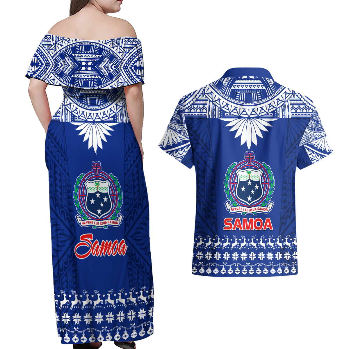 Toa Samoa Christmas Couples Matching Off Shoulder Maxi Dress and Hawaiian Shirt Samoa Siva Tau Manuia Le Kerisimasi Blue Vibe LT9 - Polynesian Pride