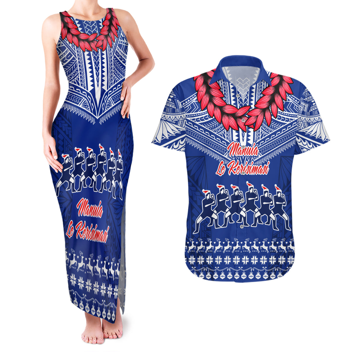 Toa Samoa Christmas Couples Matching Tank Maxi Dress and Hawaiian Shirt Samoa Siva Tau Manuia Le Kerisimasi Blue Vibe LT9 Blue - Polynesian Pride