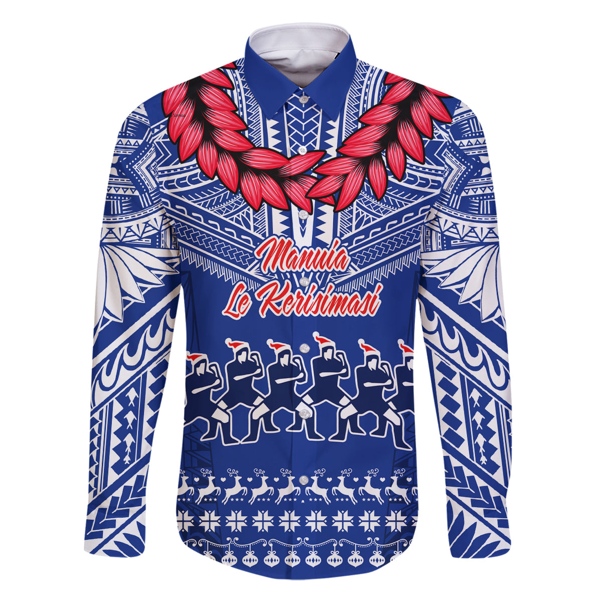 Toa Samoa Christmas Family Matching Off Shoulder Long Sleeve Dress and Hawaiian Shirt Samoa Siva Tau Manuia Le Kerisimasi Blue Vibe LT9 Dad's Shirt - Long Sleeve Blue - Polynesian Pride