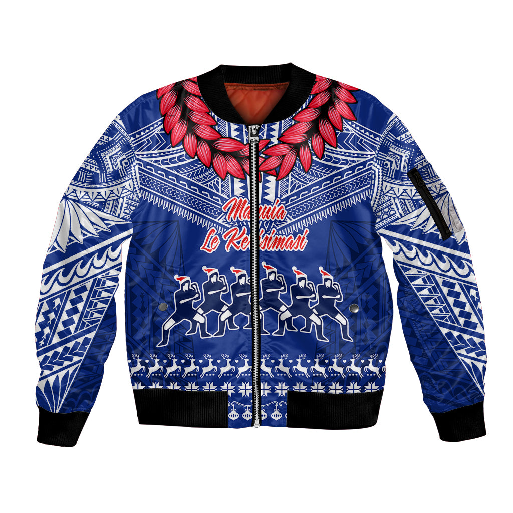 Toa Samoa Christmas Sleeve Zip Bomber Jacket Samoa Siva Tau Manuia Le Kerisimasi Blue Vibe LT9 Unisex Blue - Polynesian Pride