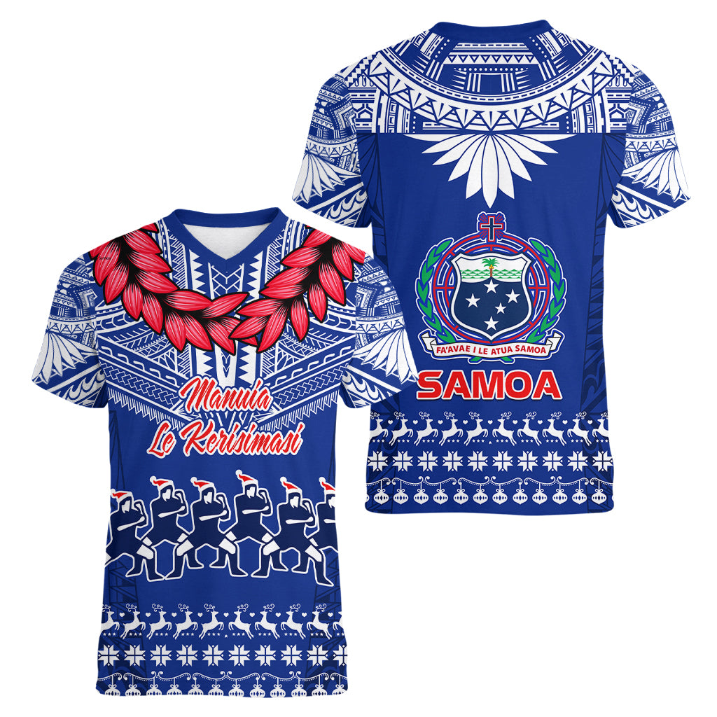 Toa Samoa Christmas Women V Neck T Shirt Samoa Siva Tau Manuia Le Kerisimasi Blue Vibe LT9 - Polynesian Pride