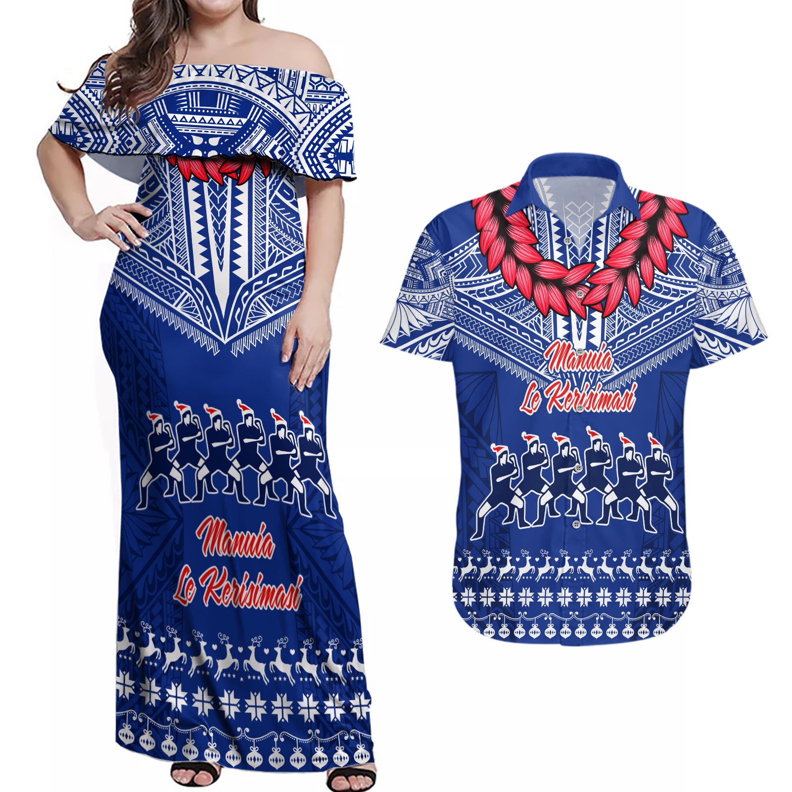 Personalised Toa Samoa Christmas Couples Matching Off Shoulder Maxi Dress and Hawaiian Shirt Samoa Siva Tau Manuia Le Kerisimasi Blue Vibe LT9 Blue - Polynesian Pride