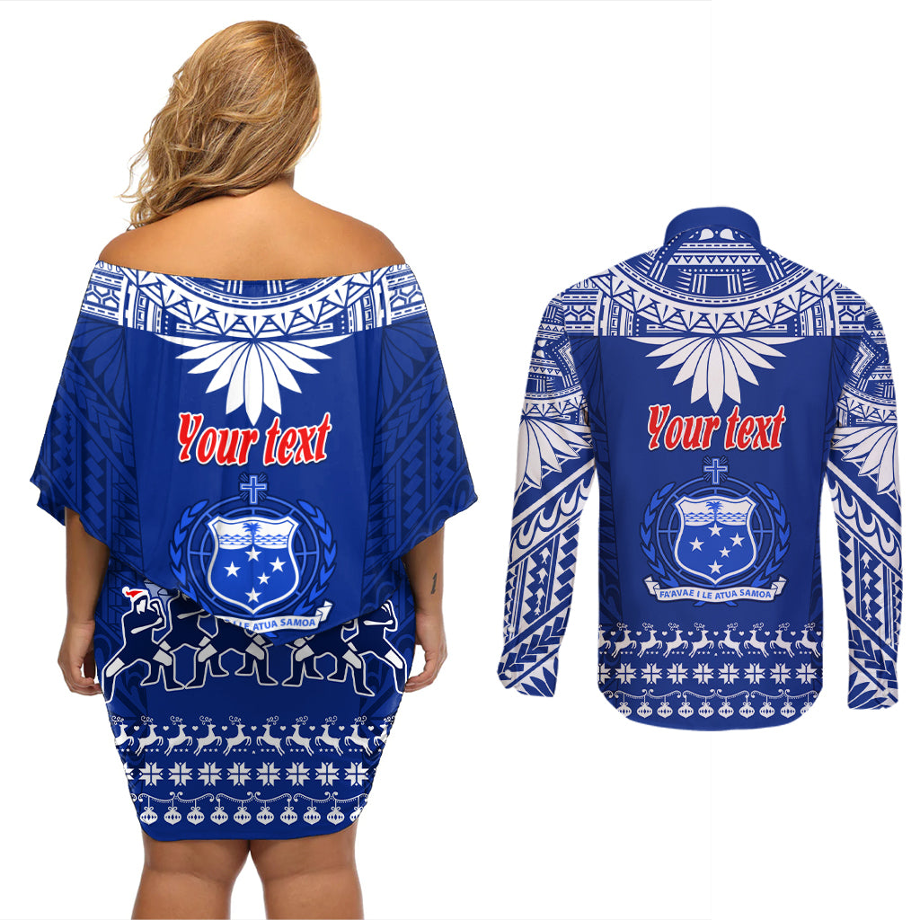 Personalised Toa Samoa Christmas Couples Matching Off Shoulder Short Dress and Long Sleeve Button Shirt Samoa Siva Tau Manuia Le Kerisimasi Blue Vibe LT9 - Polynesian Pride