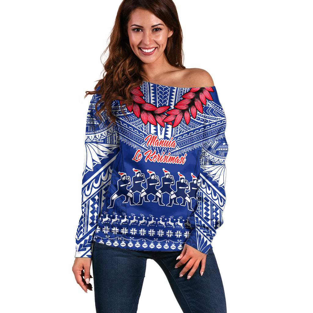 Personalised Toa Samoa Christmas Off Shoulder Sweater Samoa Siva Tau Manuia Le Kerisimasi Blue Vibe LT9 Women Blue - Polynesian Pride