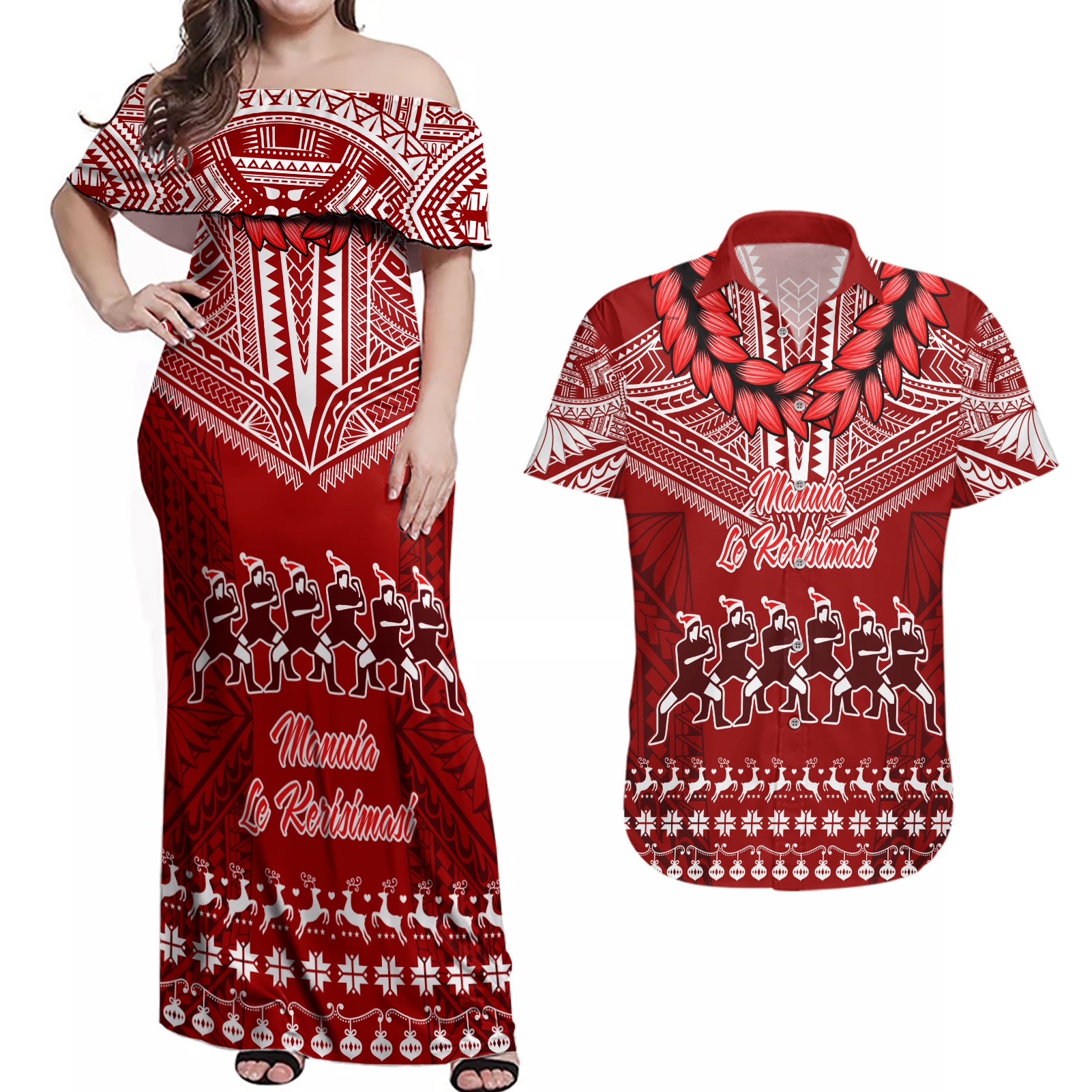 Toa Samoa Christmas Couples Matching Off Shoulder Maxi Dress and Hawaiian Shirt Samoa Siva Tau Manuia Le Kerisimasi Red Vibe LT9 Red - Polynesian Pride