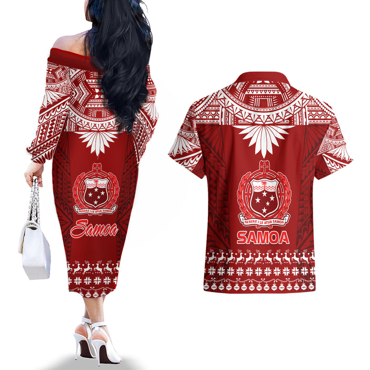 Toa Samoa Christmas Couples Matching Off The Shoulder Long Sleeve Dress and Hawaiian Shirt Samoa Siva Tau Manuia Le Kerisimasi Red Vibe LT9 - Polynesian Pride