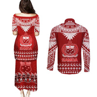 Toa Samoa Christmas Couples Matching Puletasi Dress and Long Sleeve Button Shirt Samoa Siva Tau Manuia Le Kerisimasi Red Vibe LT9 - Polynesian Pride