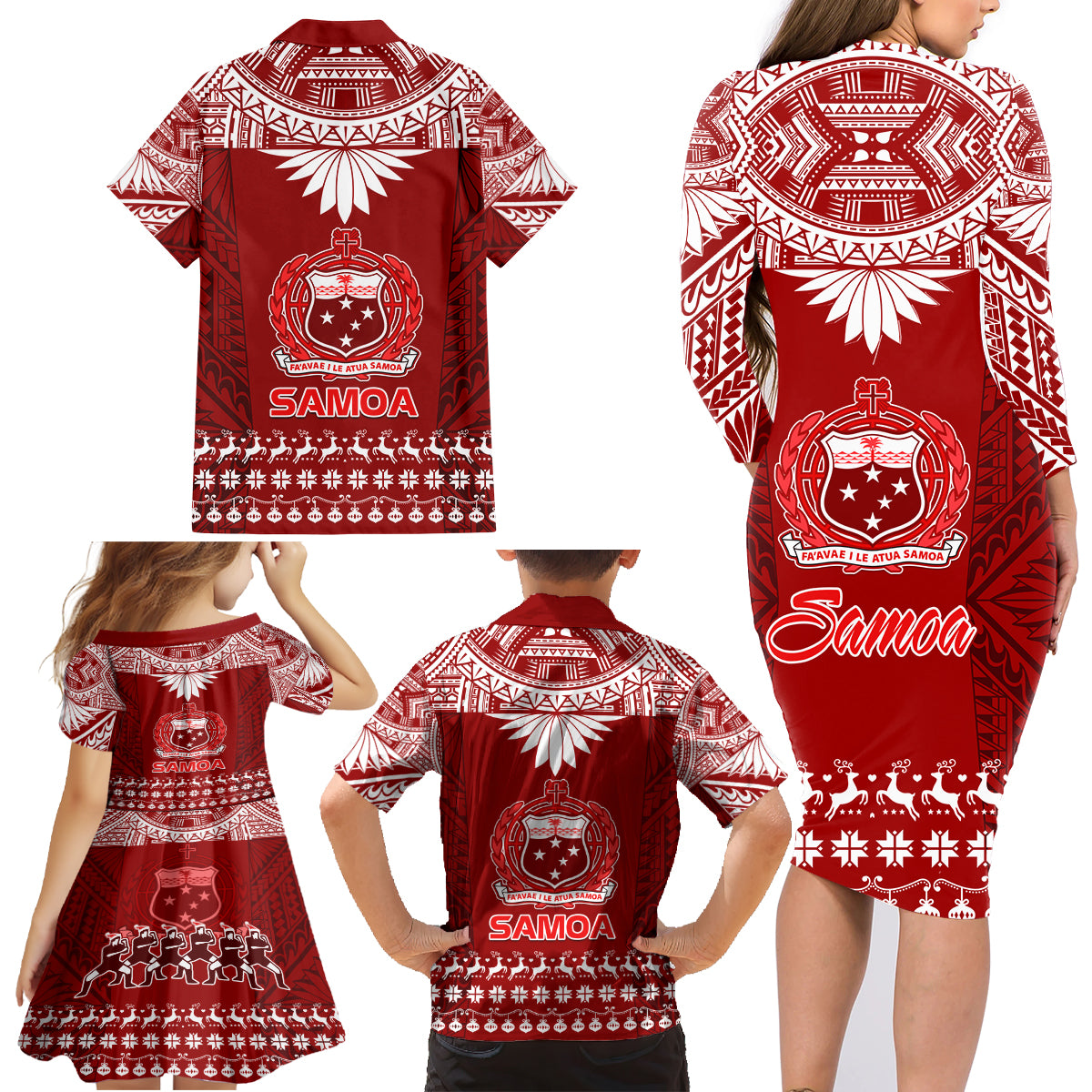 Toa Samoa Christmas Family Matching Long Sleeve Bodycon Dress and Hawaiian Shirt Samoa Siva Tau Manuia Le Kerisimasi Red Vibe LT9 - Polynesian Pride
