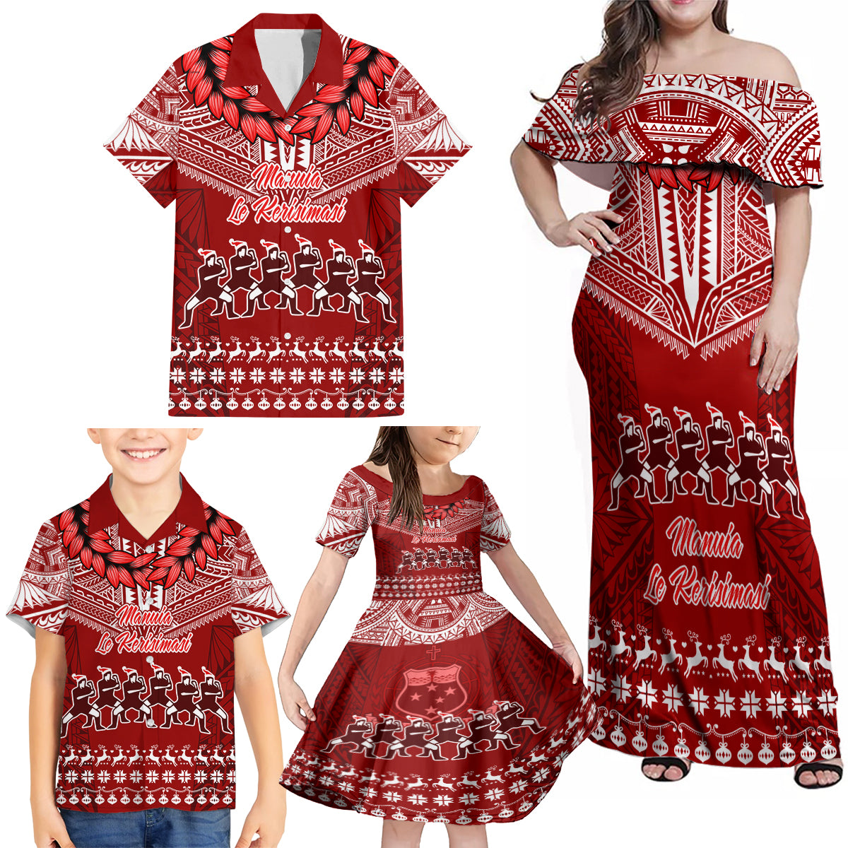 Toa Samoa Christmas Family Matching Off Shoulder Maxi Dress and Hawaiian Shirt Samoa Siva Tau Manuia Le Kerisimasi Red Vibe LT9 - Polynesian Pride