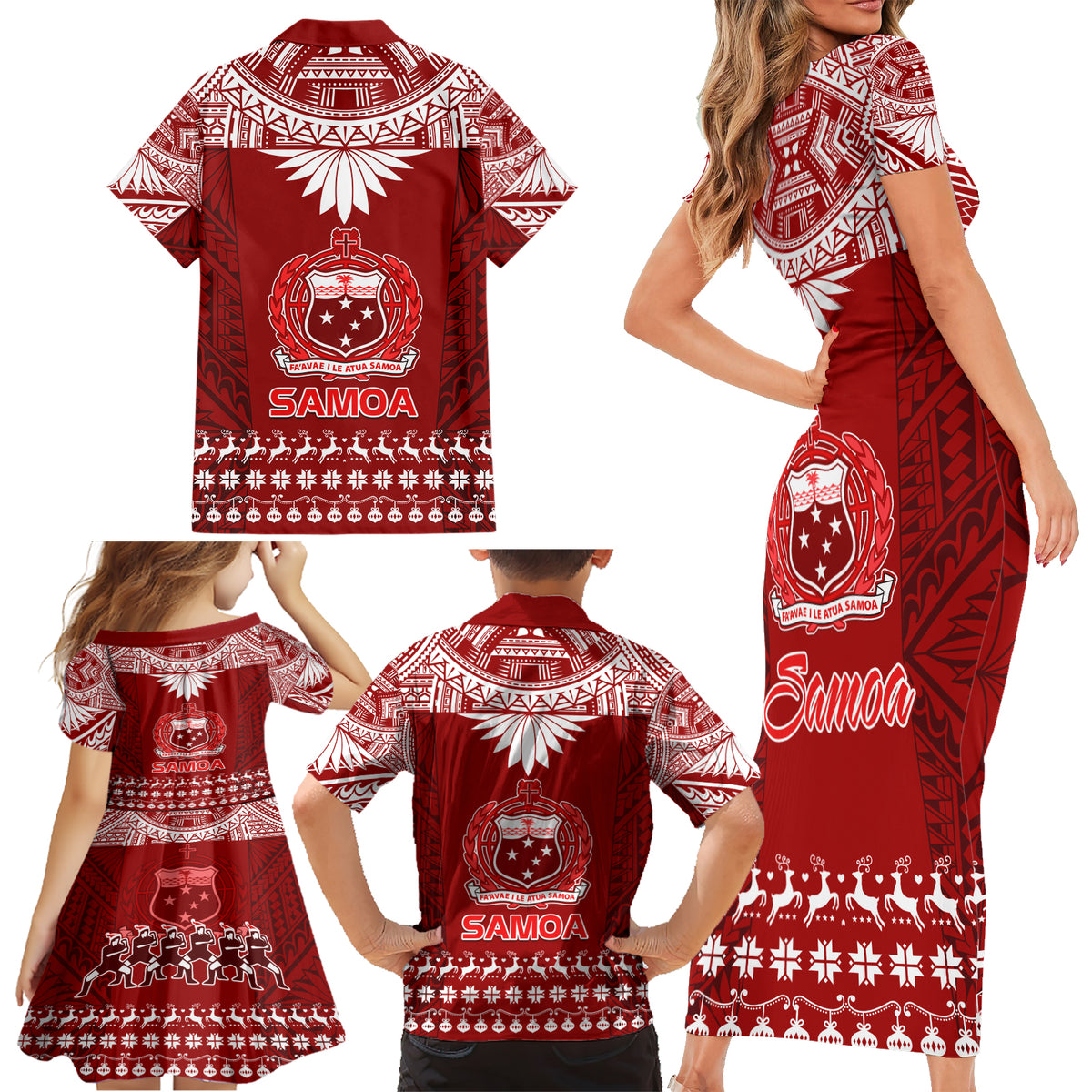 Toa Samoa Christmas Family Matching Short Sleeve Bodycon Dress and Hawaiian Shirt Samoa Siva Tau Manuia Le Kerisimasi Red Vibe LT9 - Polynesian Pride