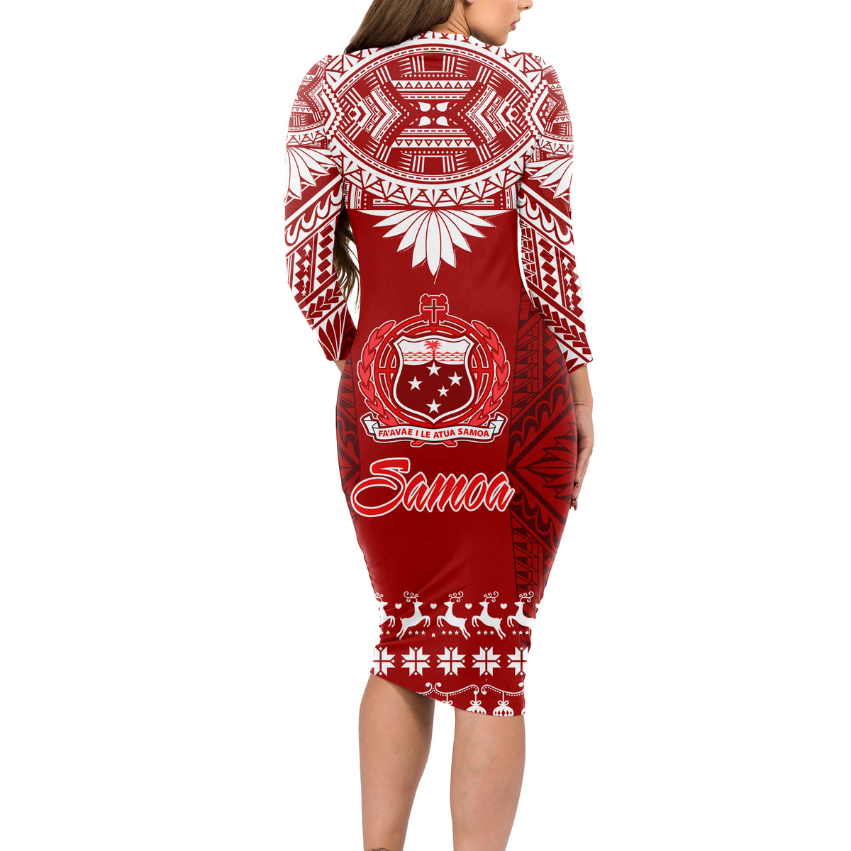 Toa Samoa Christmas Long Sleeve Bodycon Dress Samoa Siva Tau Manuia Le Kerisimasi Red Vibe LT9 - Polynesian Pride