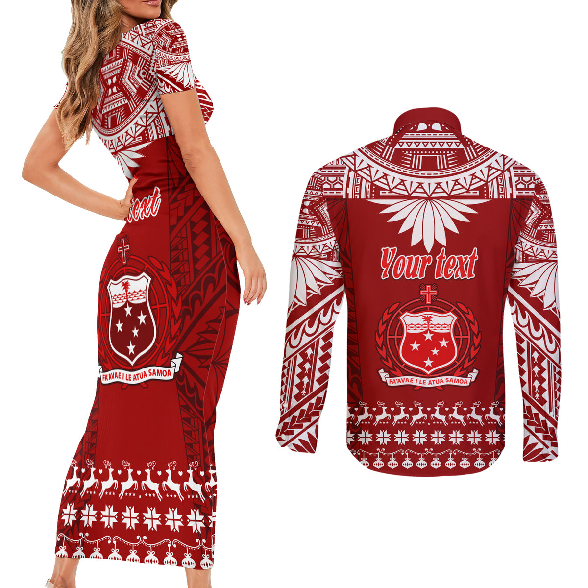 Personalised Toa Samoa Christmas Couples Matching Short Sleeve Bodycon Dress and Long Sleeve Button Shirt Samoa Siva Tau Manuia Le Kerisimasi Red Vibe LT9 - Polynesian Pride