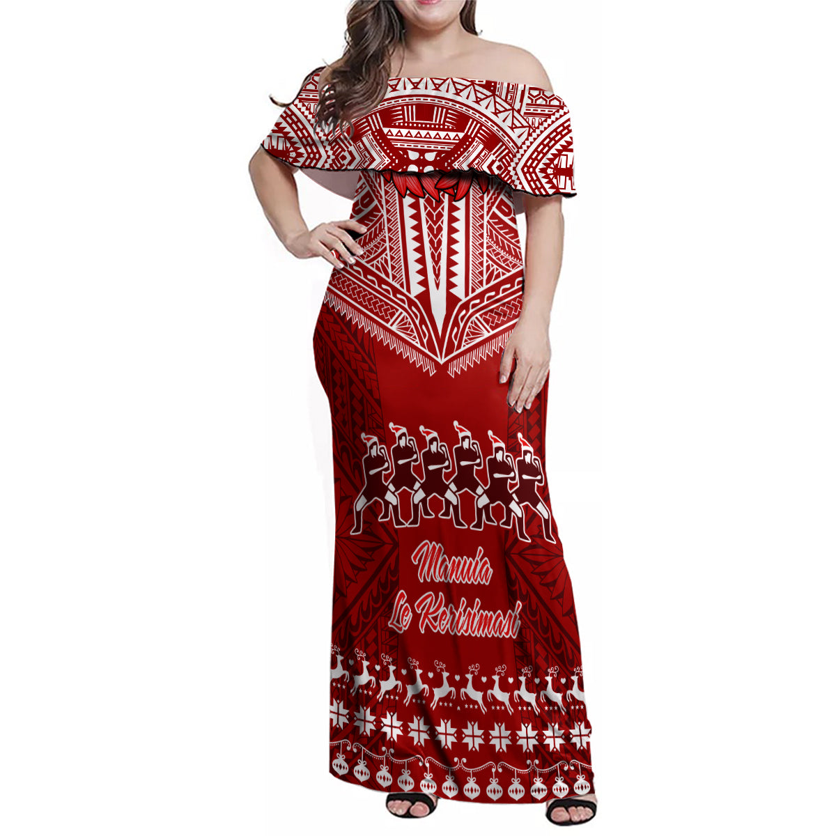 Personalised Toa Samoa Christmas Family Matching Off Shoulder Maxi Dress and Hawaiian Shirt Samoa Siva Tau Manuia Le Kerisimasi Red Vibe LT9 Mom's Dress Red - Polynesian Pride