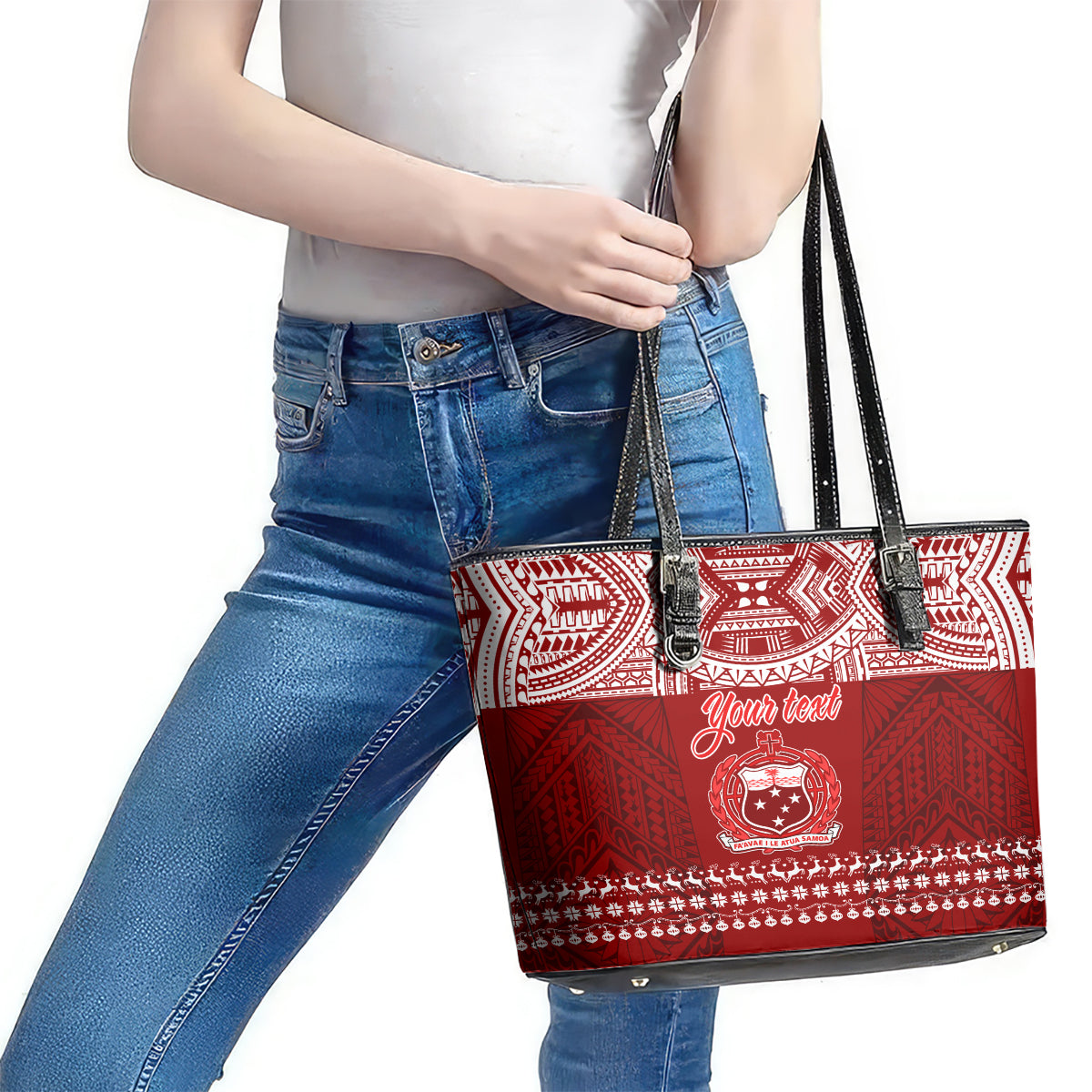 Personalised Toa Samoa Christmas Leather Tote Bag Samoa Siva Tau Manuia Le Kerisimasi Red Vibe LT9 - Polynesian Pride