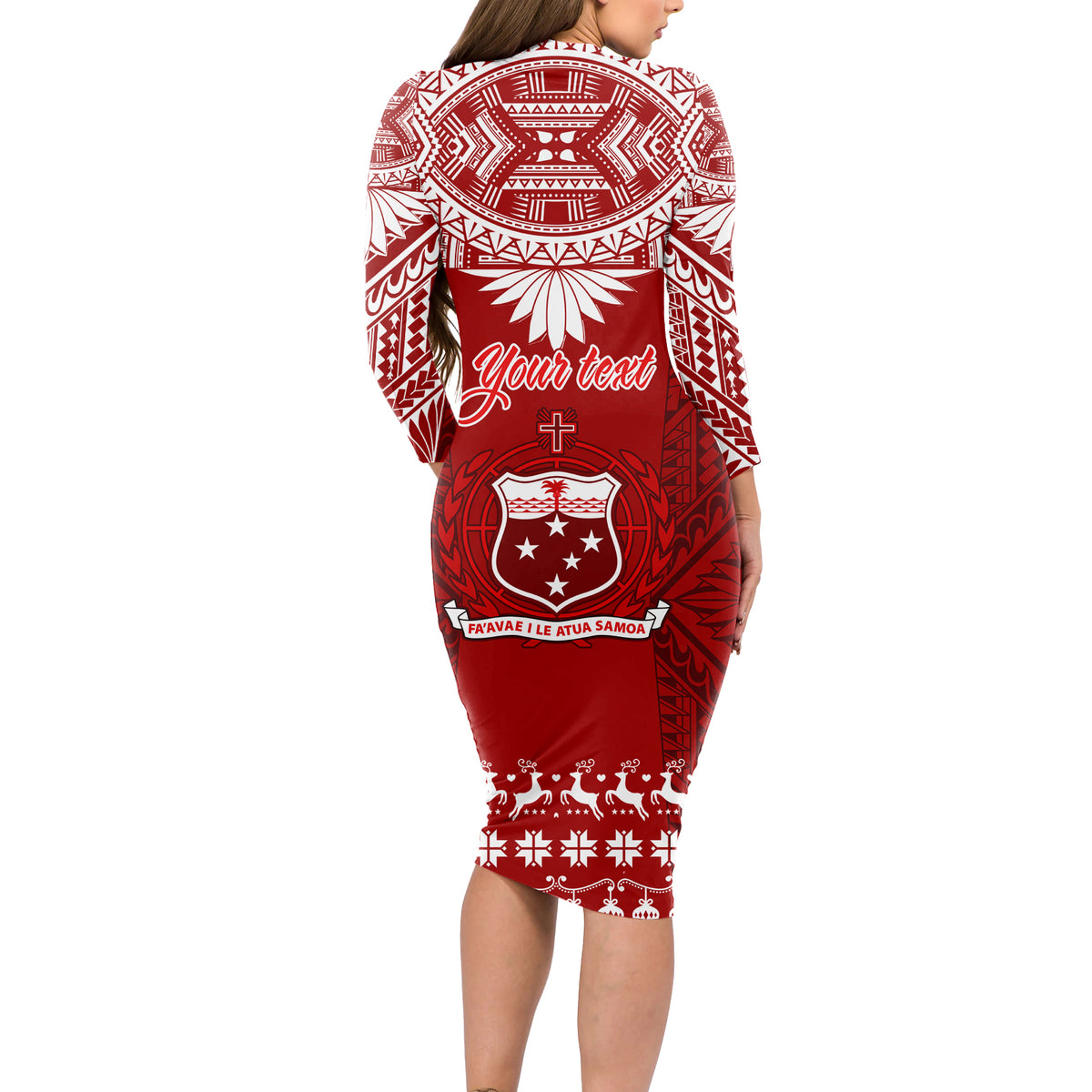 Personalised Toa Samoa Christmas Long Sleeve Bodycon Dress Samoa Siva Tau Manuia Le Kerisimasi Red Vibe LT9 - Polynesian Pride
