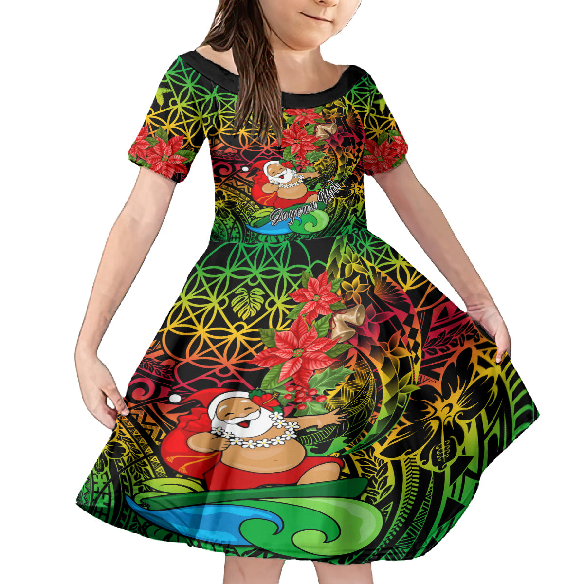 Personalised Vanuatu Joyeux Noel Family Matching Off Shoulder Long Sleeve Dress and Hawaiian Shirt Christmas Santas God Yumi LT9 Daughter's Dress Reggae - Polynesian Pride