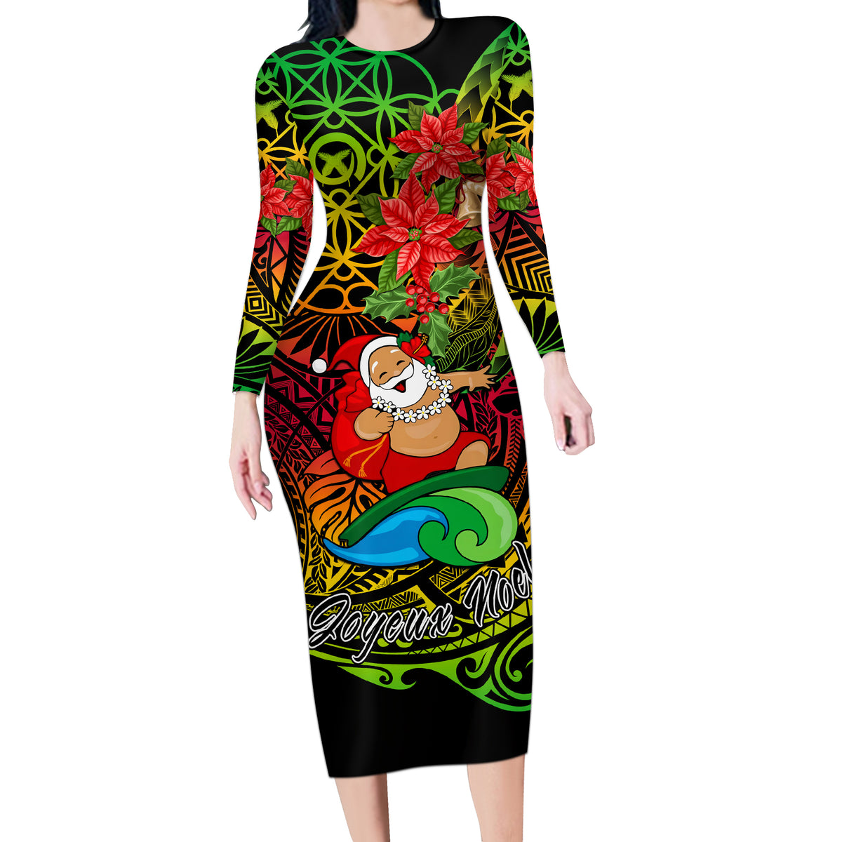 Personalised Vanuatu Joyeux Noel Long Sleeve Bodycon Dress Christmas Santas God Yumi LT9 Long Dress Reggae - Polynesian Pride