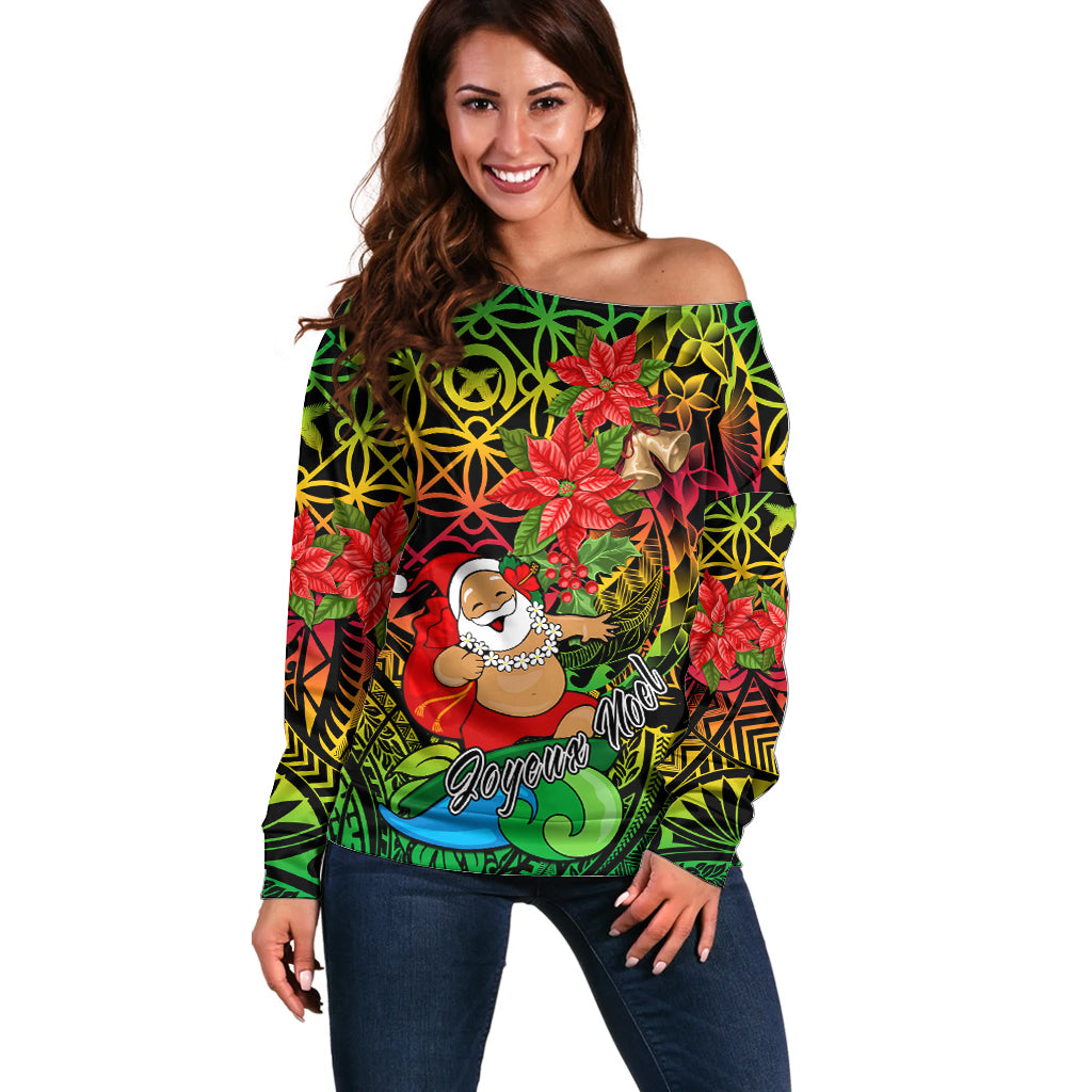 Personalised Vanuatu Joyeux Noel Off Shoulder Sweater Christmas Santas God Yumi LT9 Women Reggae - Polynesian Pride